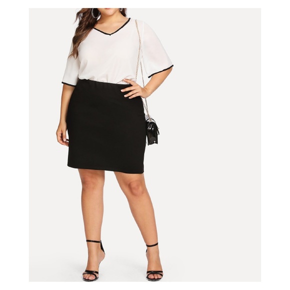 White Black V Neck Back Bow Short Sleeve Blouse - Picture 4 of 5